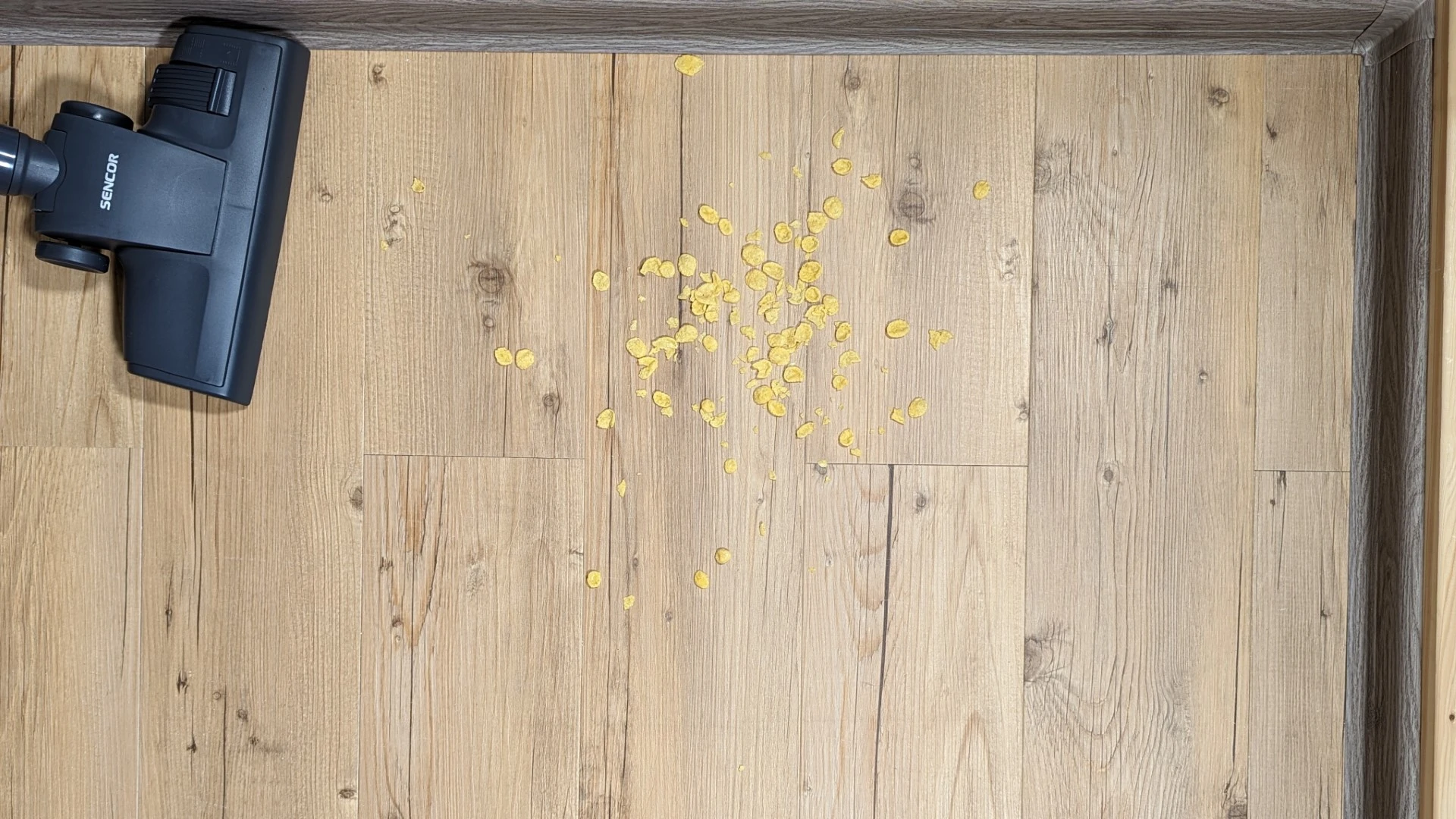 Cornflakes na vinylové podlaze před testem Cornflakes na vinylové podlaze před testem