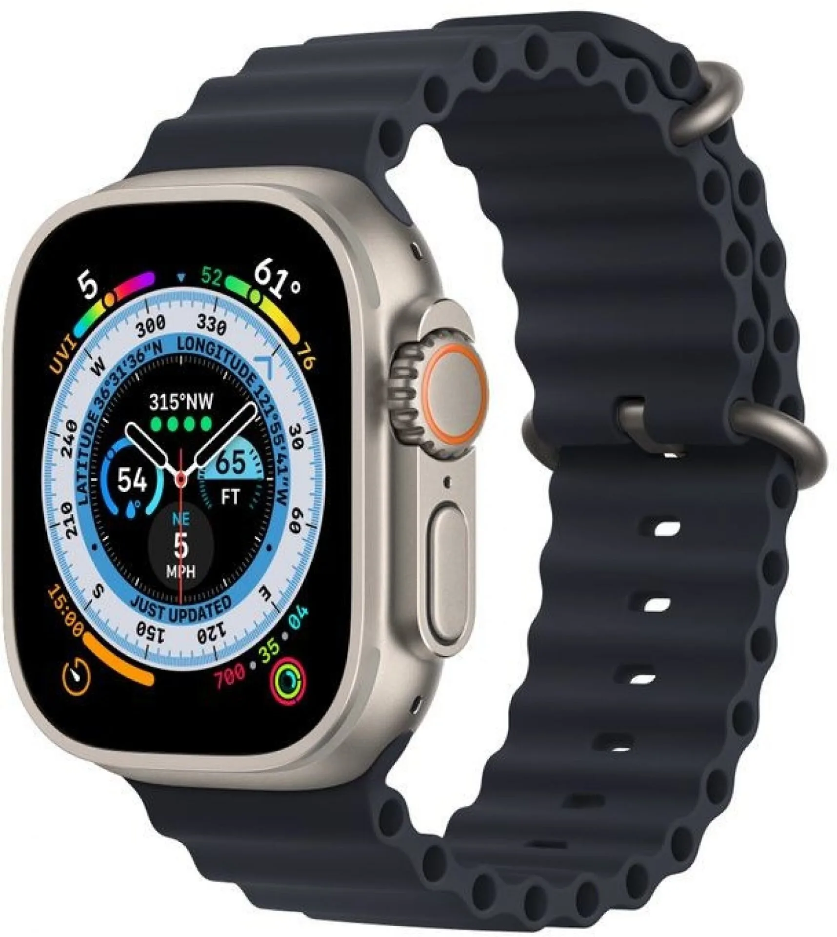 Apple Watch Ultra s oceánským řemínkem z lehké a pružné gumy s titanovou přezkou