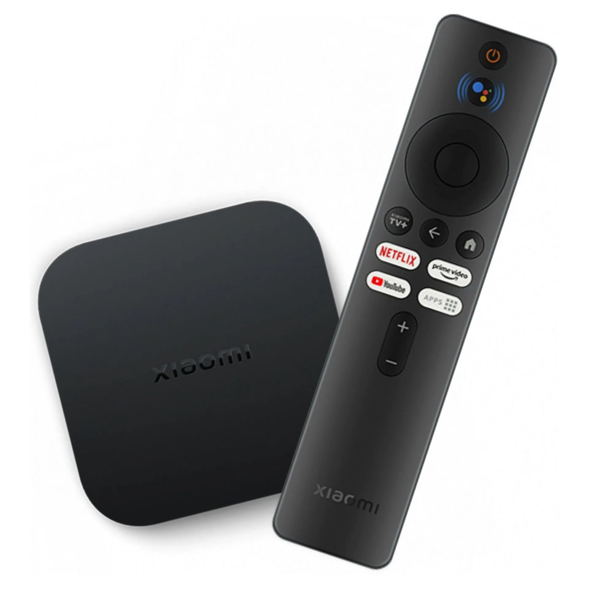Zařízení je pochopitelně vybaveno dálkovým ovládáním, lze jej ovšem ovládat i hlasem Obrázek zobrazuje multimediální centrum Xiaomi Mi Box S druhé generace a jeho ovládání