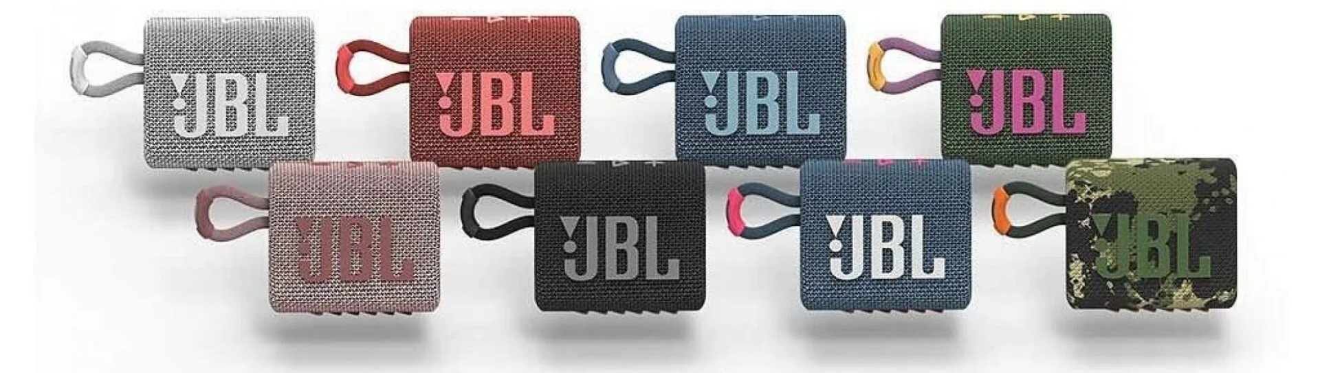 Reproduktor si lze pořídit v osmi barevných provedeních Obrázek zobrazuje bezdrátový reproduktor JBL GO 3 v různých barevných provedeních