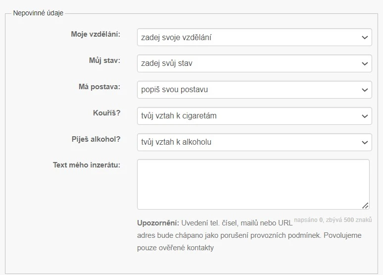 Nepovinné údaje na profilu Rande.cz Nepovinné údaje na profilu Rande.cz