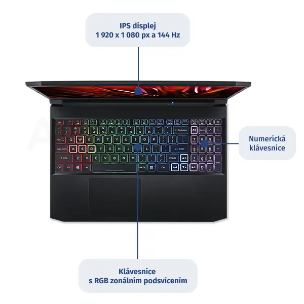 Zajímavé parametry Obrázek znázorňuje některé zajímavé parametry notebooku Acer Nitro 5 NH.QBCEC.00F