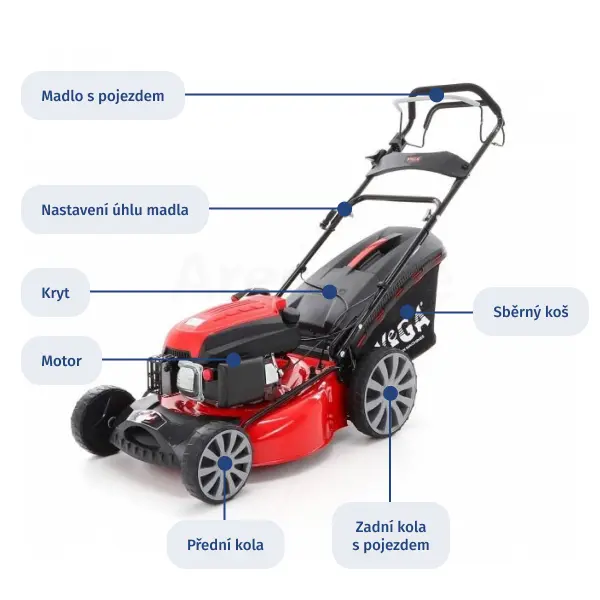 Obrázek znázorňuje, jak typicky vypadá rotační sekačka se spalovacím motorem