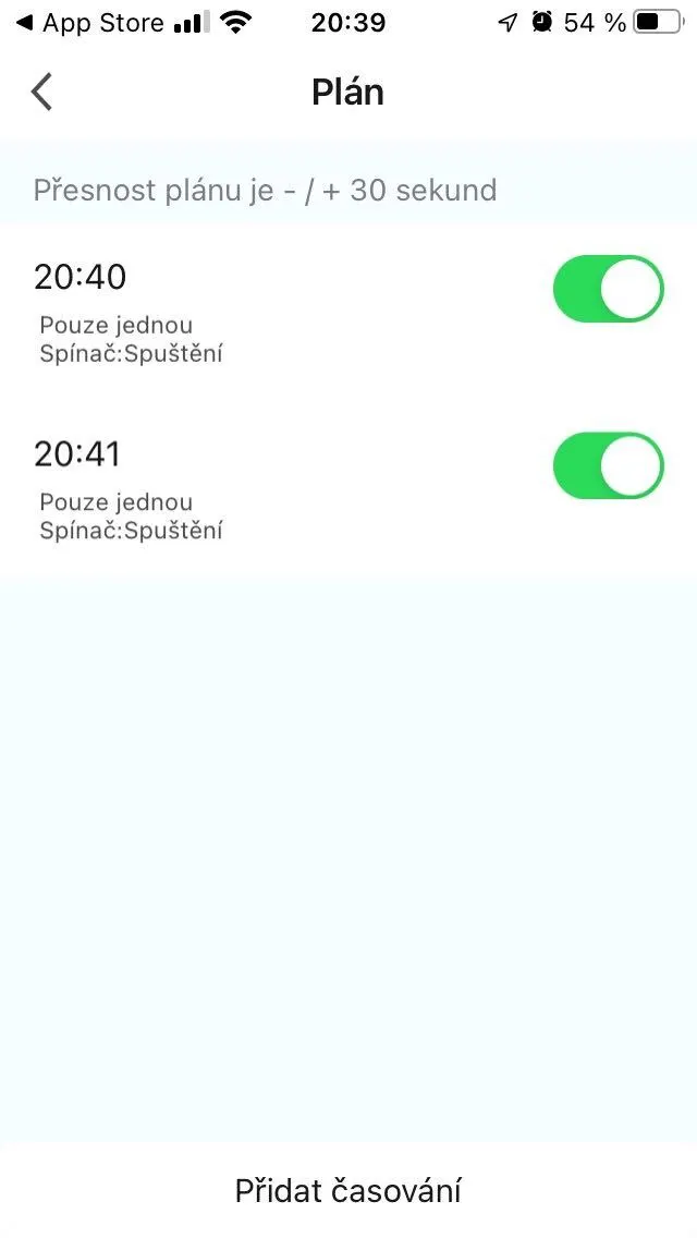 Předvolené časy spuštění Obrázek časů spuštění v aplikaci Niceboy