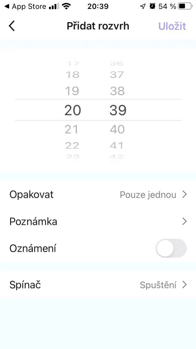 Nastavení automatického spuštění Obrázek nastavení časového rozvrhu v aplikaci Niceboy