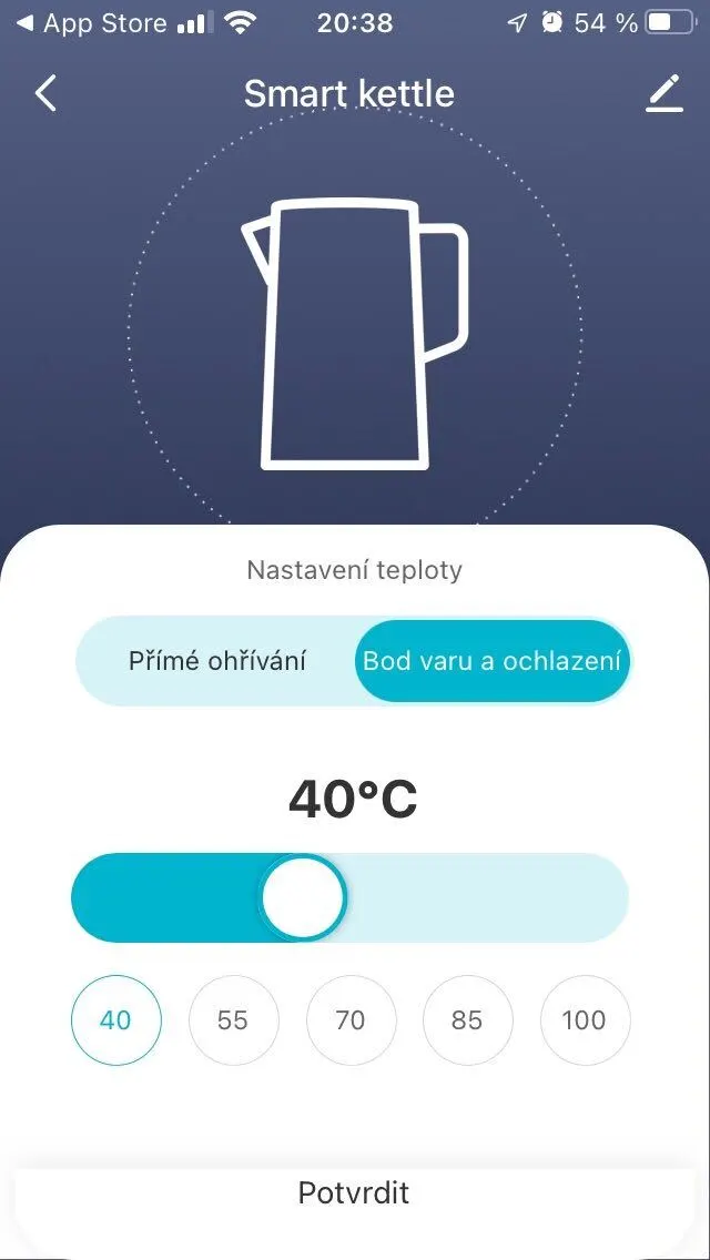 Nastavení teploty Obrázek nastavení teploty v aplikaci Niceboy