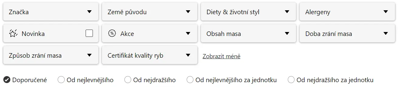 Filtrace a řazení v kategorii Maso a ryby u Košíku Obrázek filtrace a řazení u Košíku