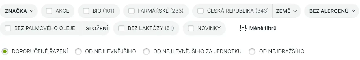 Filtrace a řazení v kategorii Maso a ryby u Rohlíku Obrázek filtrace a řazení u Rohlíku