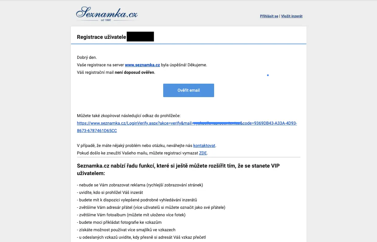 Ověřovací e-mail pro potvrzení platnosti e-mailové adresy