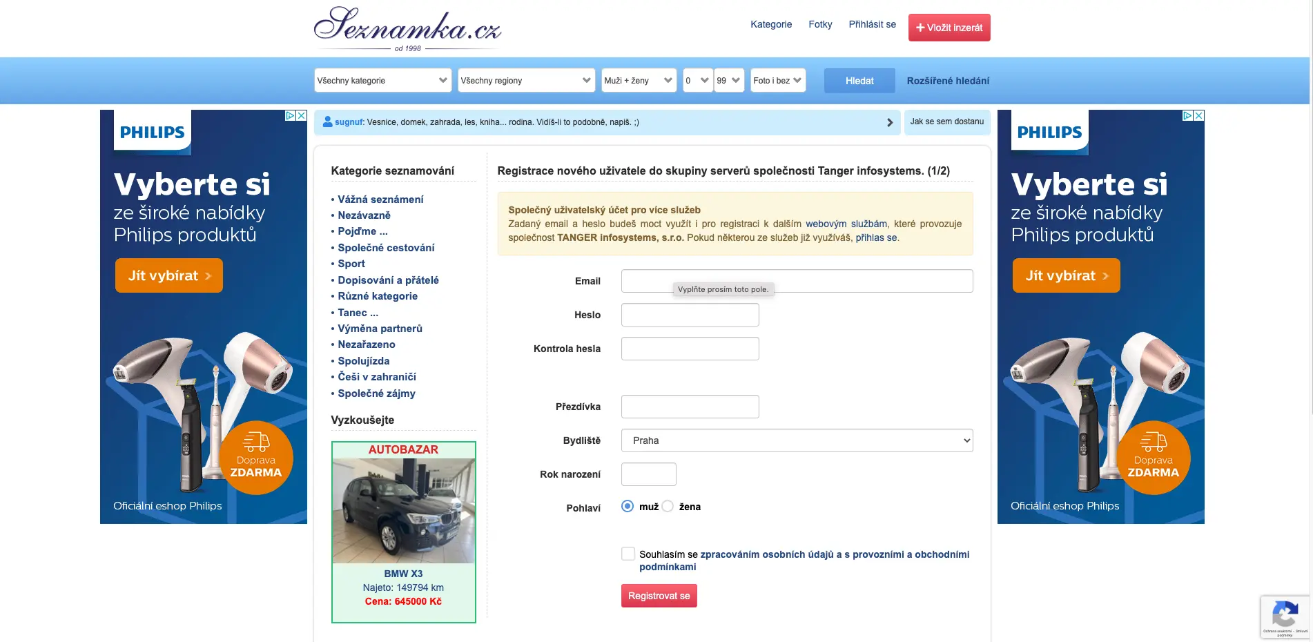 Registrace Ukázka registrace do seznamky