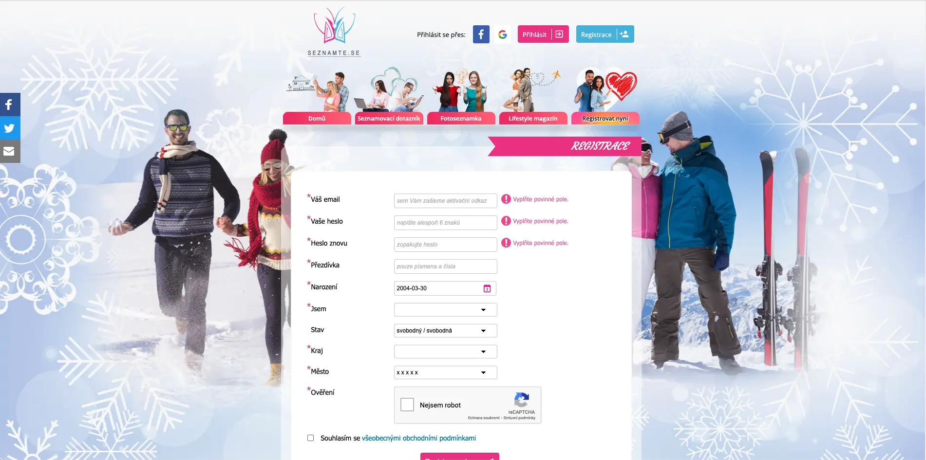 Údaje vyžadované seznamkou pro založení registrace