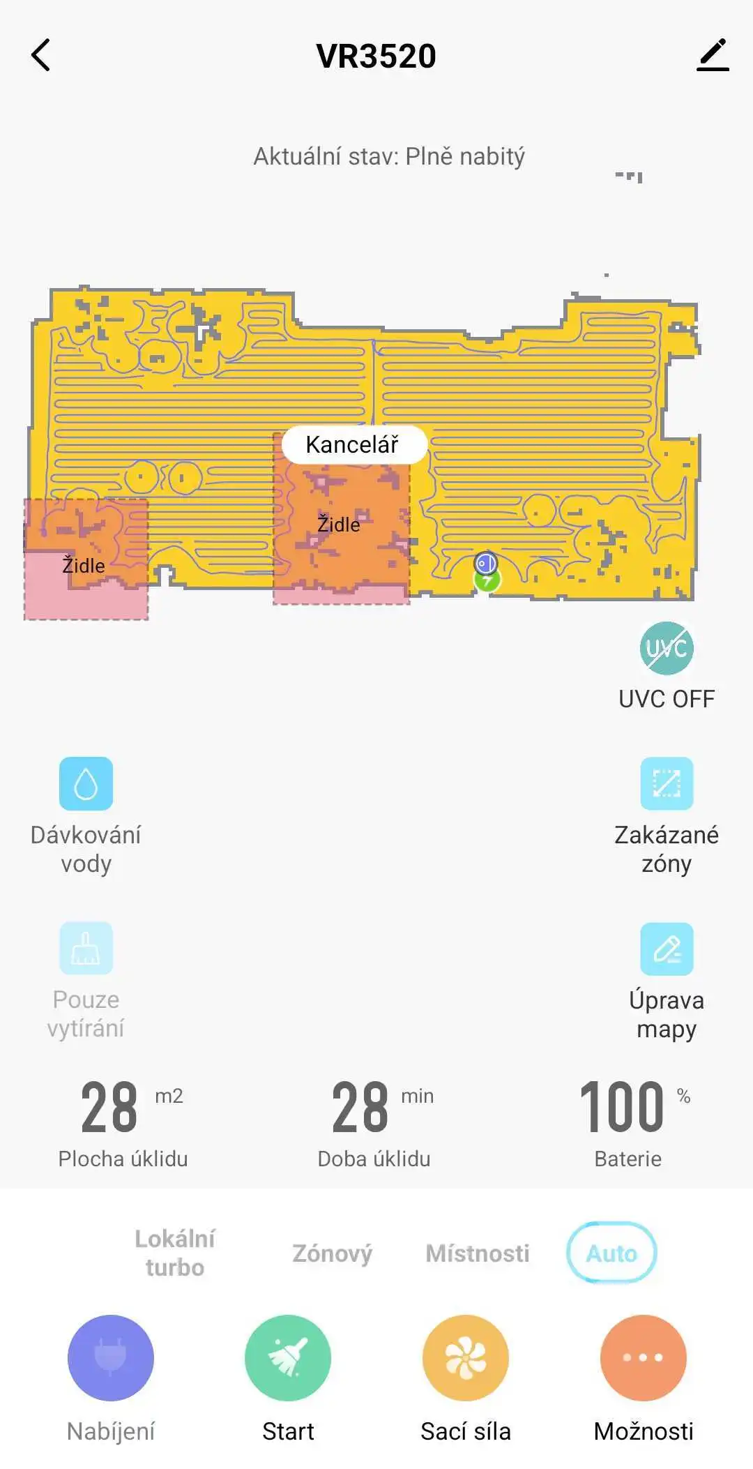 Místnost se záznamy trasy vysavače Obrázek ukazuje kopii obrazovky z aplikace