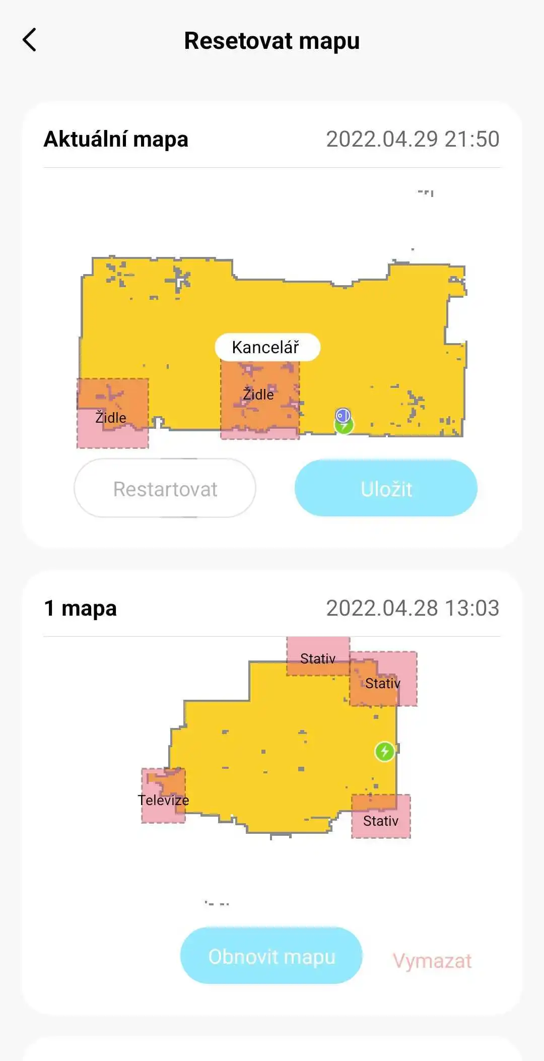 Uložení mapy v sekci Resetovat mapu Obrázek ukazuje kopii obrazovky z aplikace