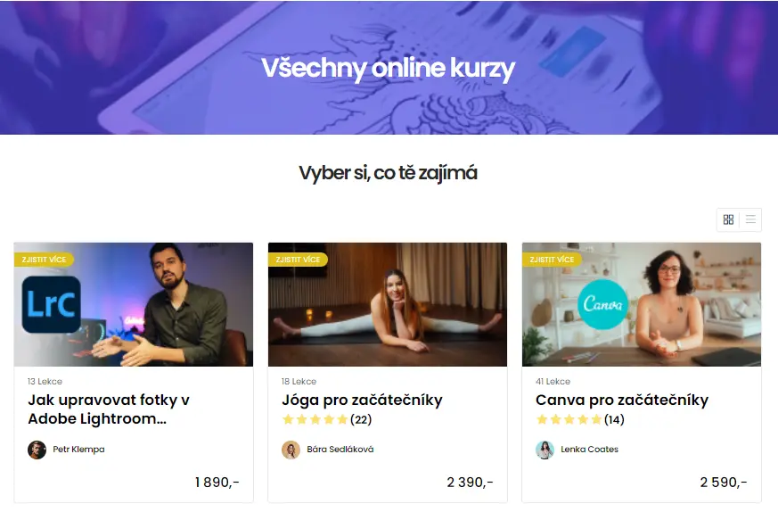 Výběr kurzů Obrázek výběru kurzů na portálu Kurzeo