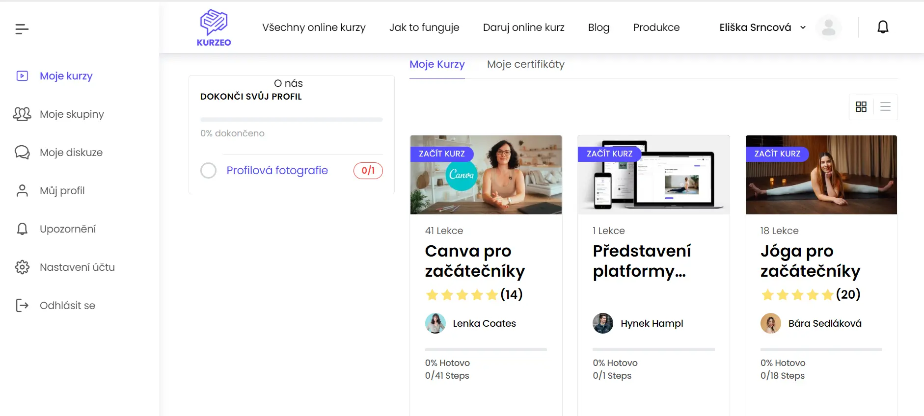 Náhled uživatelského rozhraní Obrázek uživatelského rozhraní na webu Kurzeo