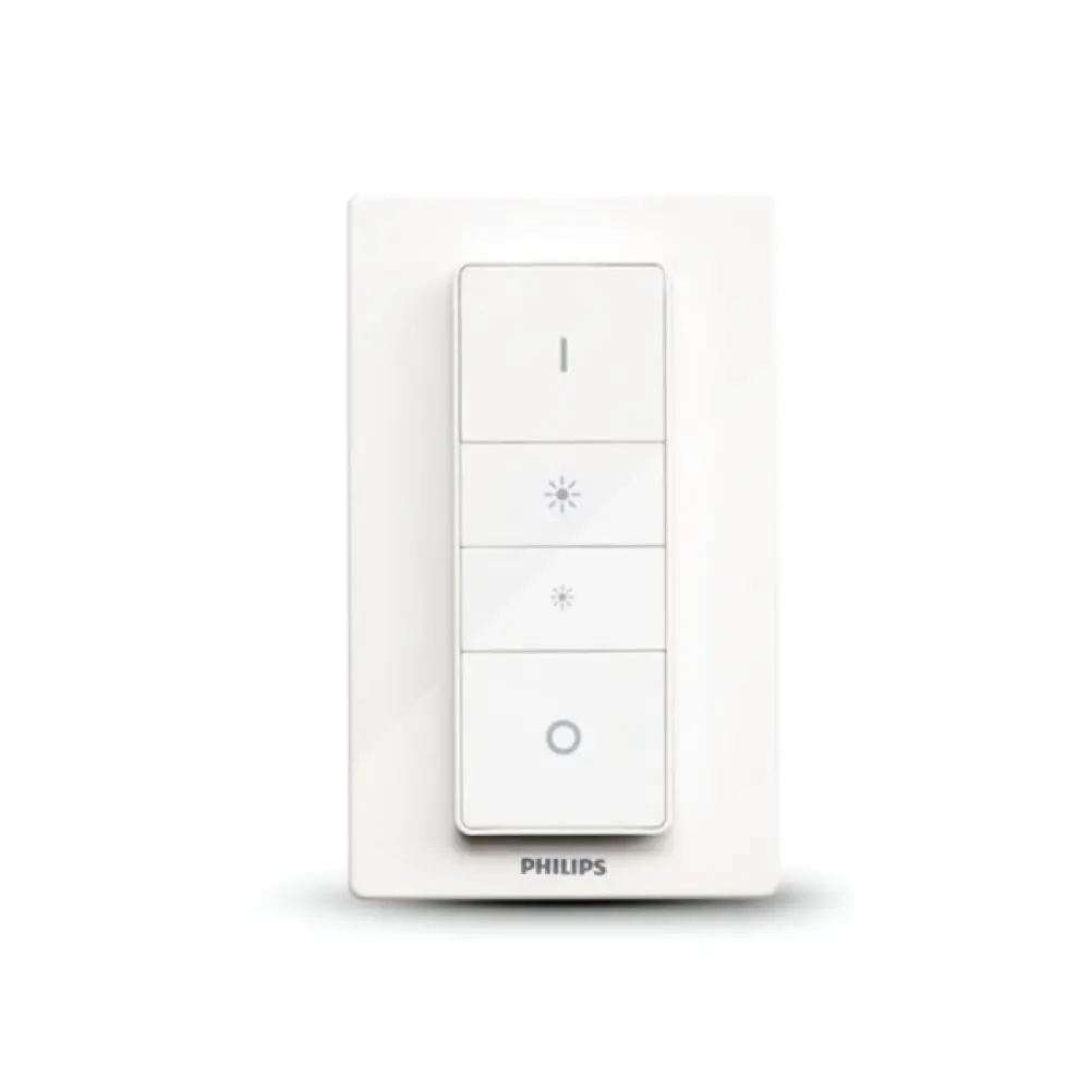 Zde je fotografie chytrého stmívače Philips Hue, který vzhledem připomíná dálkový ovladač.