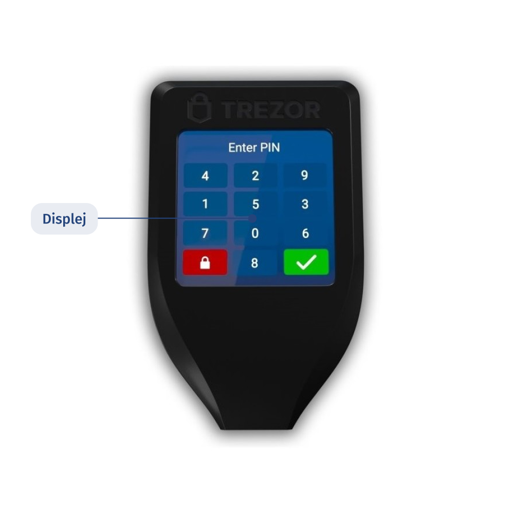 Hardwarová bitcoinová peněženka s displejem pro zadání pin kódu.