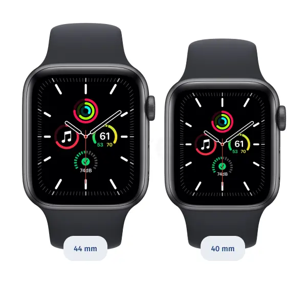 Obrázek ukazuje Apple Watch SE ve velikosti 40 a 44 milimetrů