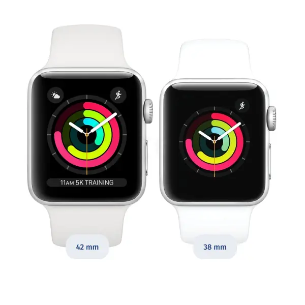 Obrázek ukazuje Apple Watch Series 3 ve velikosti 38 a 42 milimetrů