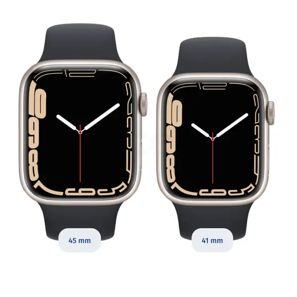 Obrázek ukazuje Apple Watch Series 7 ve velikosti 41 a 45 milimetrů