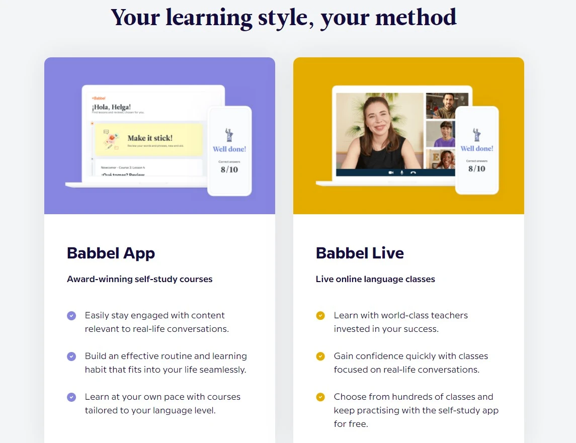 Nabídka na portálu Babbel.com Obrázek ukazuje rozhraní na Babbel.com