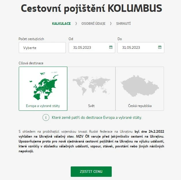 Kalkulačka cestovního pojištění Kooperativa