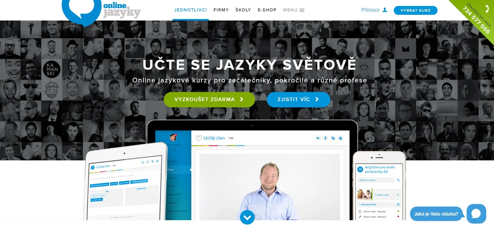 Rozhraní portálu OnlineJazyky je kompletně v češtině s možností zákaznické podpory přes chat či telefon Obrázek ukazuje rozhraní portálu OnlineJazyky