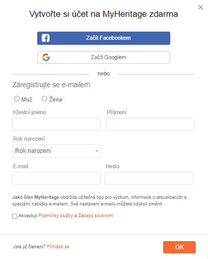 Po výběru služby se musíte registrovat
