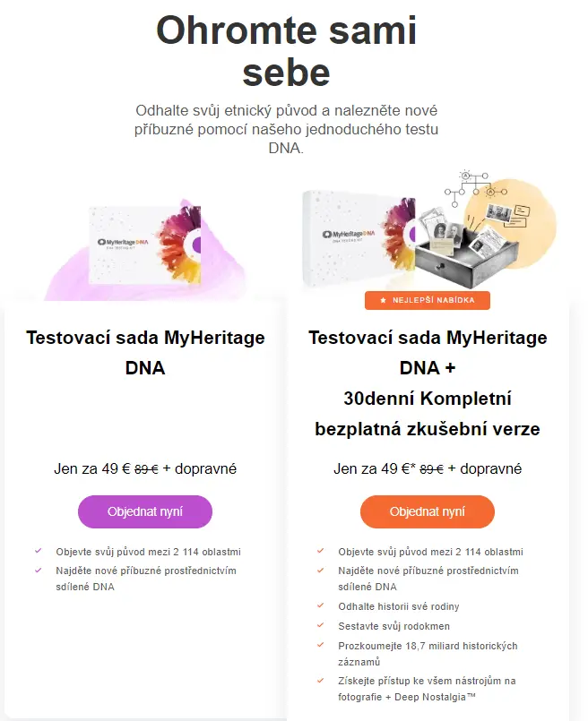 Výběr ze dvou variant při objednávání testu – bez rodokmenu a s rodokmenem