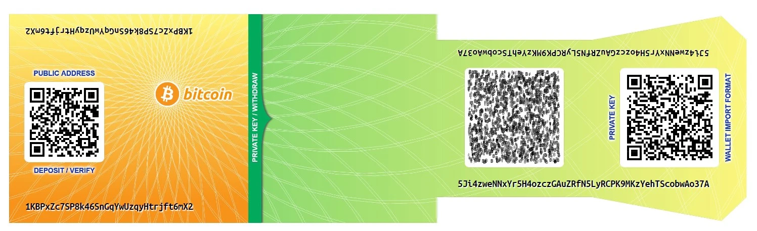 Papírová peněženka vygenerovaná na Bitcoinpaperwallet.com