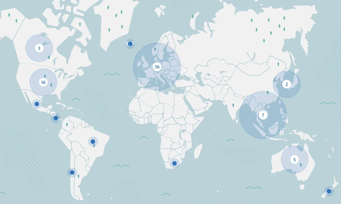 Mapa nabízených lokalit pro připojení u NordVPN