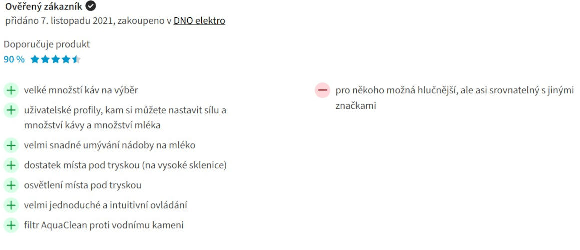 Uživatelská recenze Na obrázku je uživatelská recenze kávovaru Philips ze stránky Heureka.