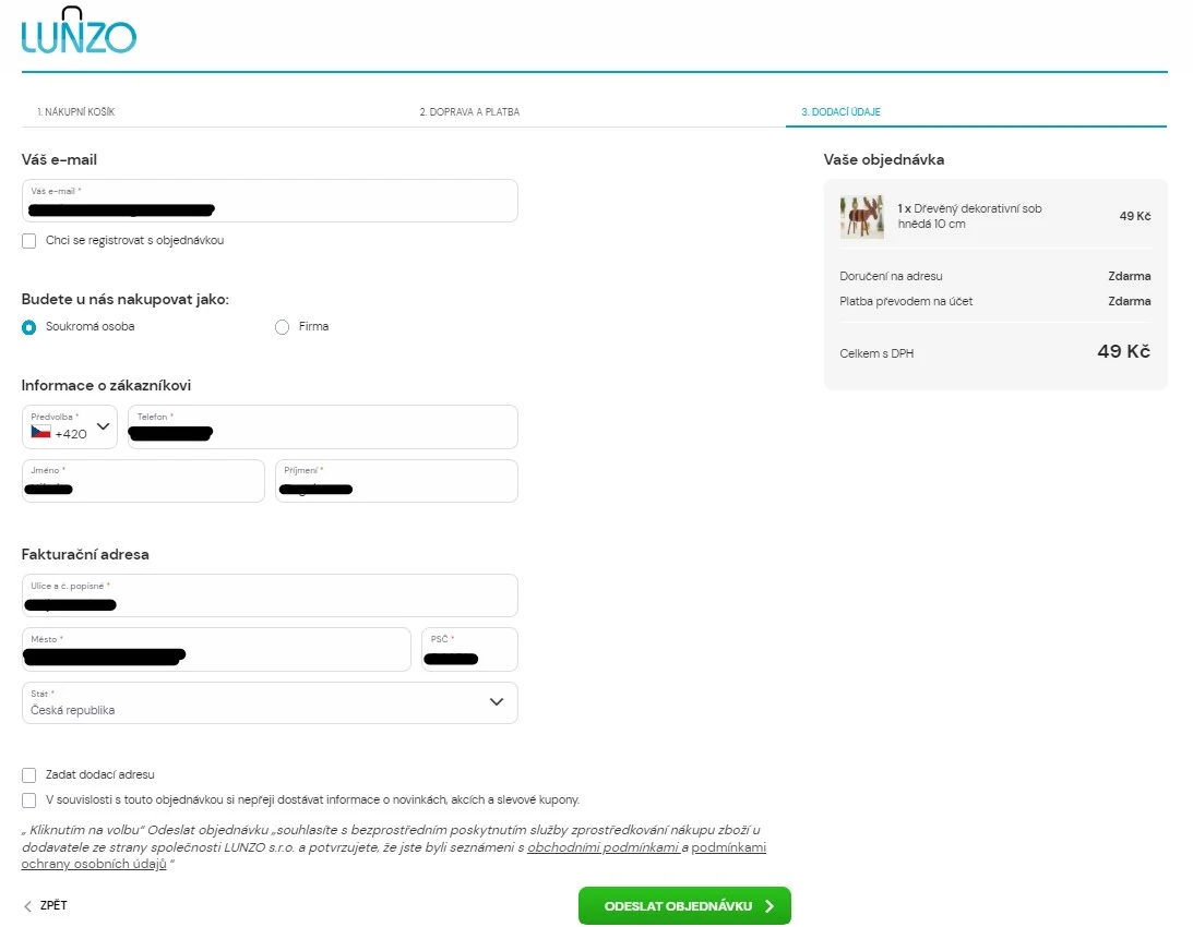 Vyplnění údajů pro objednávku na Lunzo.cz