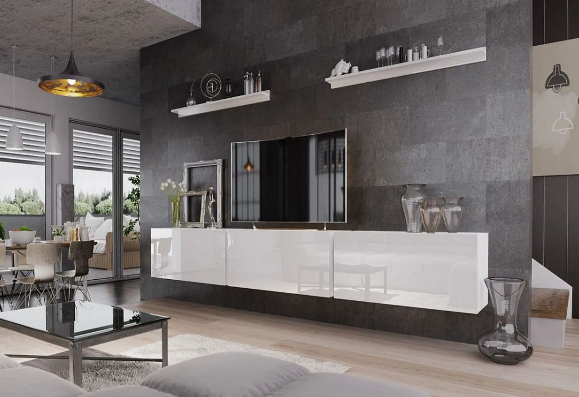Obývací stěna jako designový prvek Obrázek zobrazuje obývací stěnu jako designový prvek
