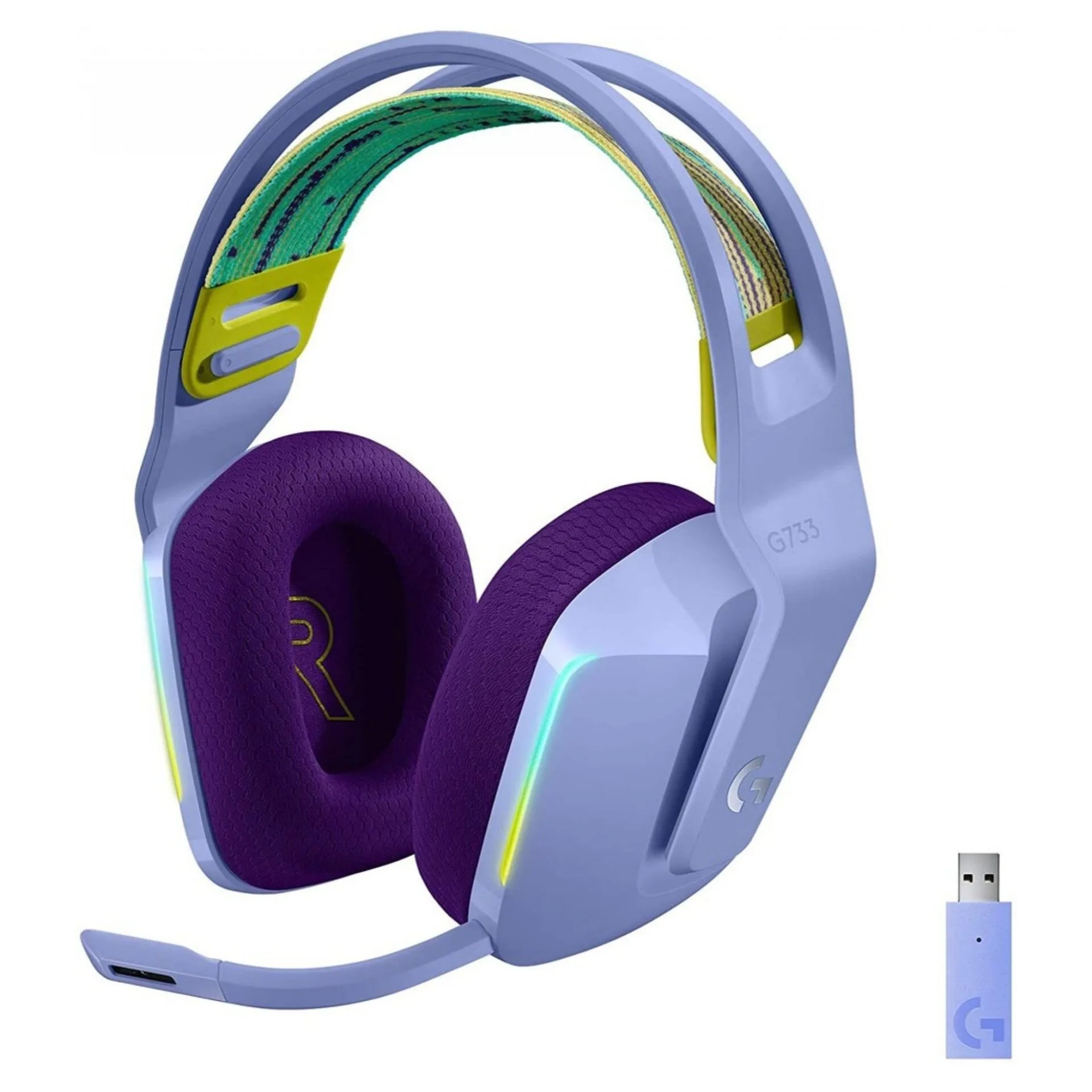 Fialová varianta sluchátek Obrázek zobrazuje fialovou variantu sluchátek Logitech G733 Lightspeed