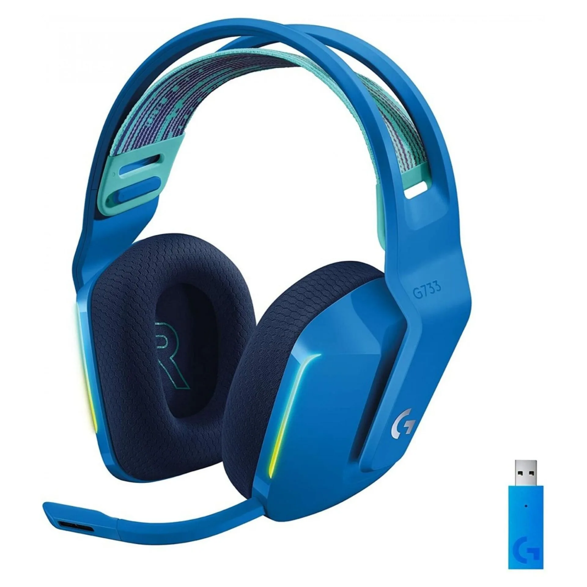 Modrá varianta sluchátek Obrázek zobrazuje modrou variantu sluchátek Logitech G733 Lightspeed