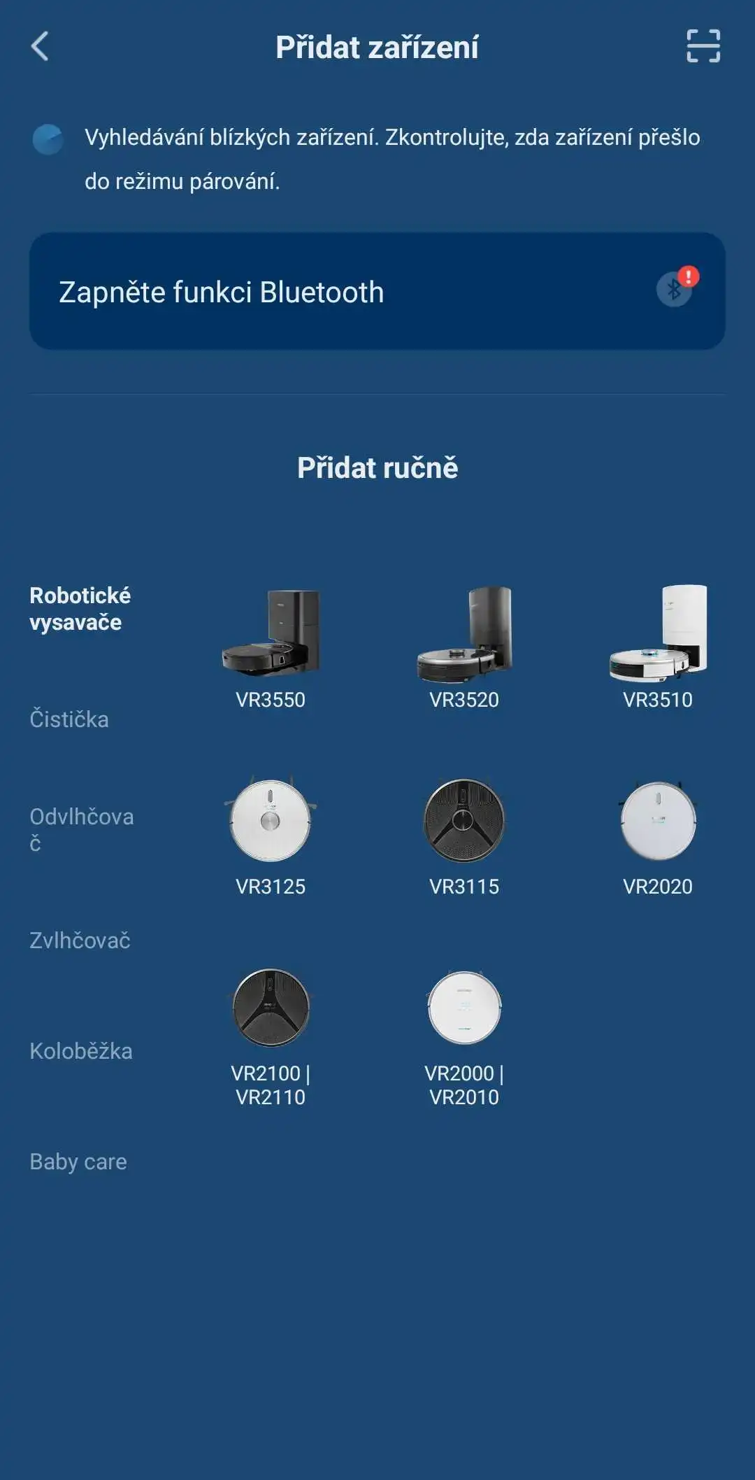 Výběr vysavače v aplikaci
