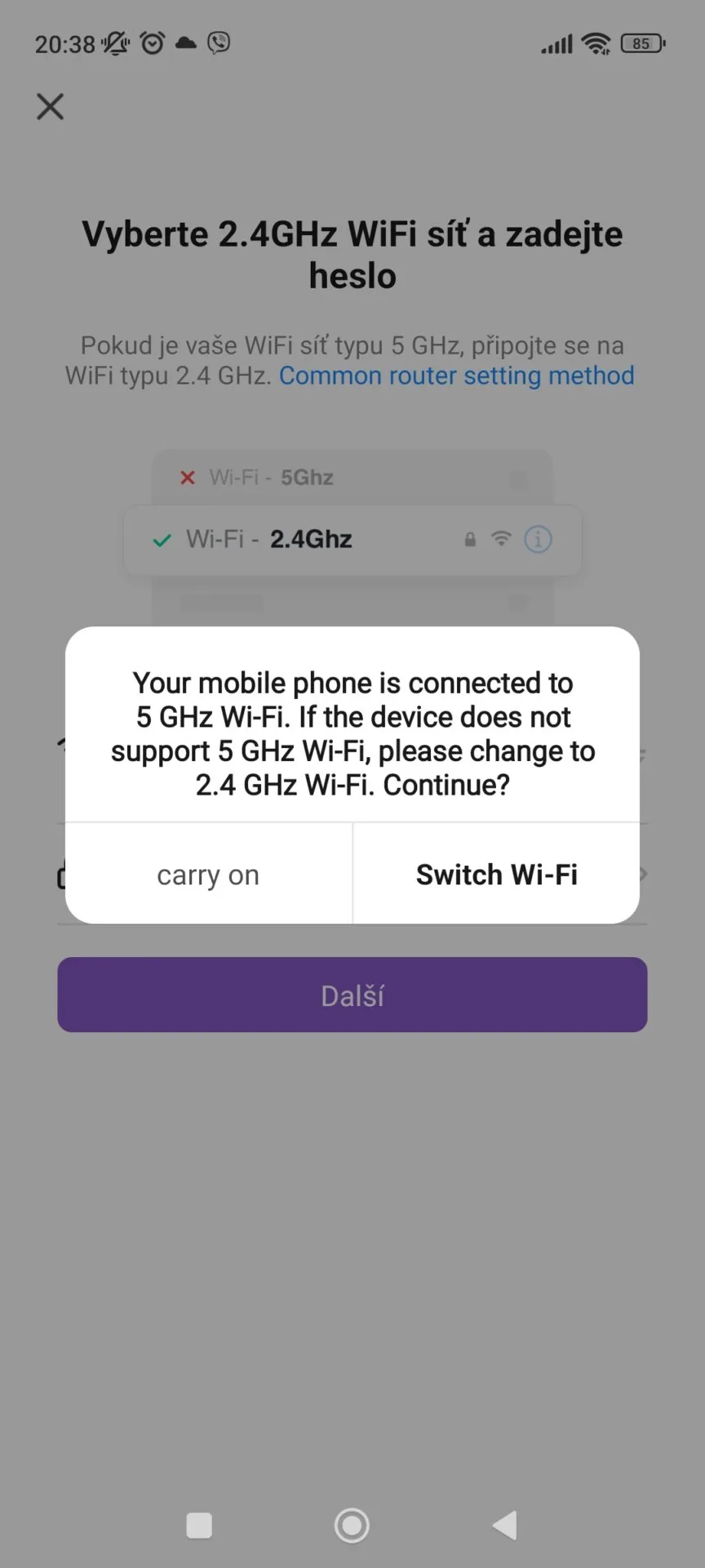 Neúspěšné připojení kvůli parametrům WiFi Obrázek zobrazuje upozornění v aplikaci