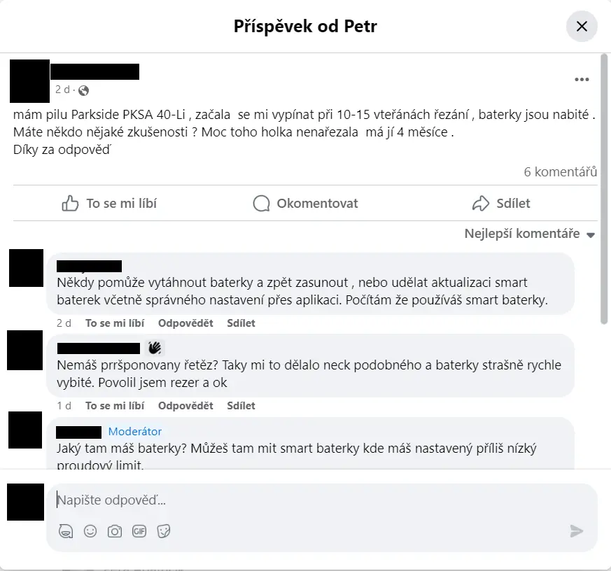 Zkušenější uživatelé hledají příčinu závady na aku řetězové pile Parkside