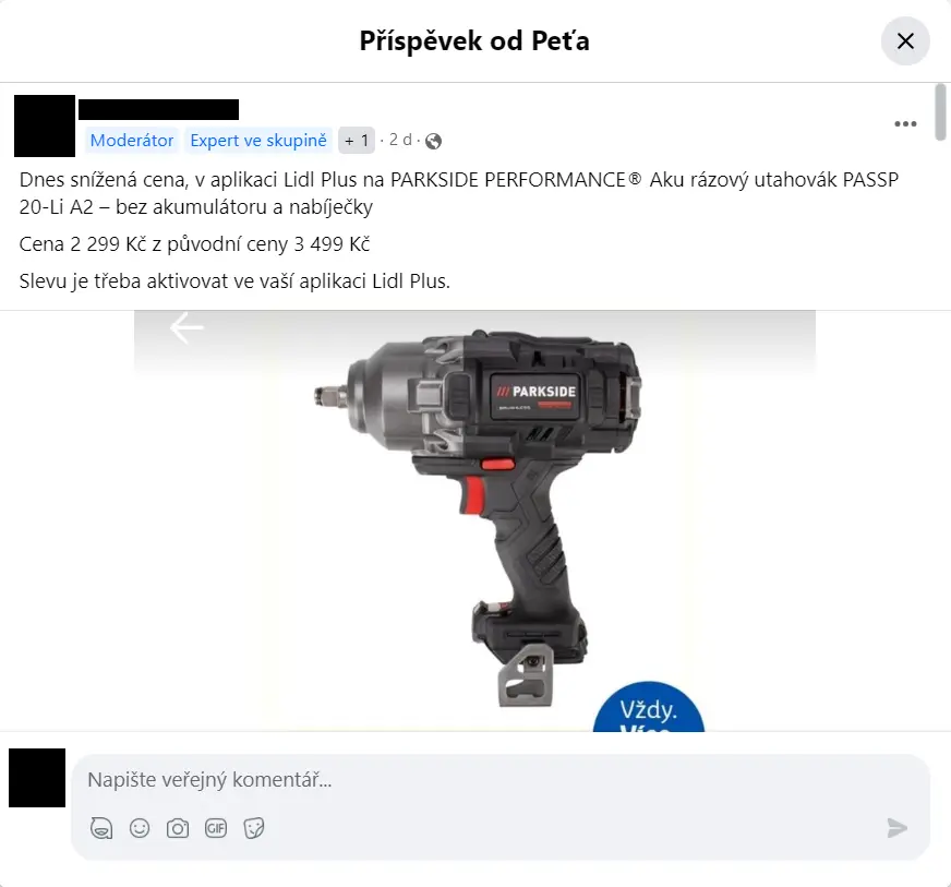 Členové skupiny hlídají akce na nářadí z Lidlu a sdílejí je