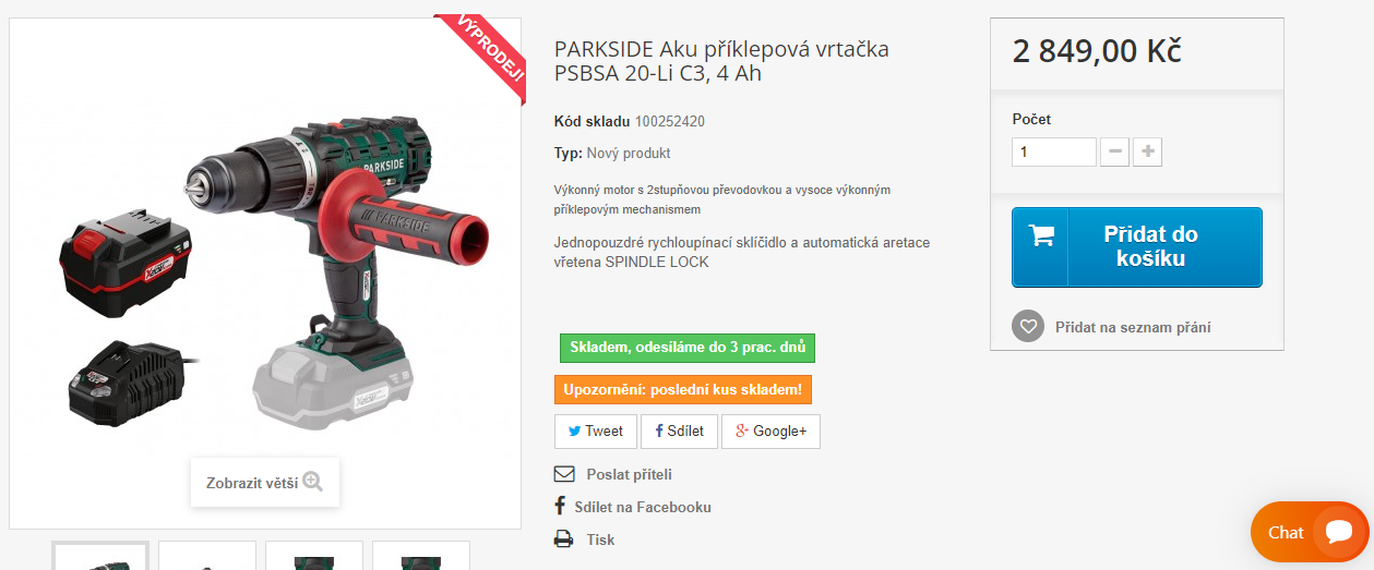 Aku vrtací šroubovák Parkside PSBSA 20-Li C3 + 4Ah nabízí e-shop fi-kus.cz za 2 849 Kč. Lidl prodává stejné nářadí za 2 099 Kč.