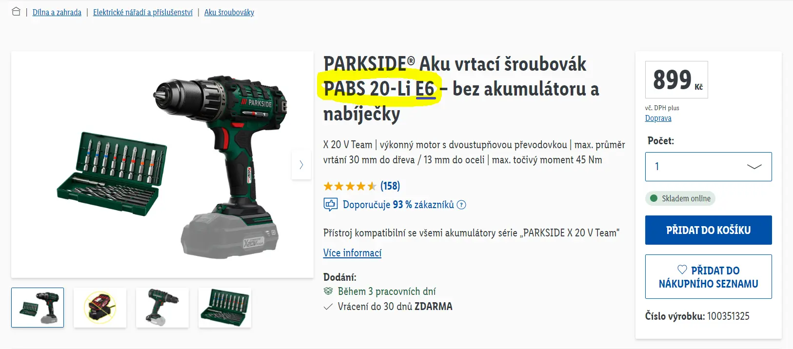 Produktový popis aku vrtačky PABS 20-Li na českém Lidlu. Zdroj: Lidl.cz