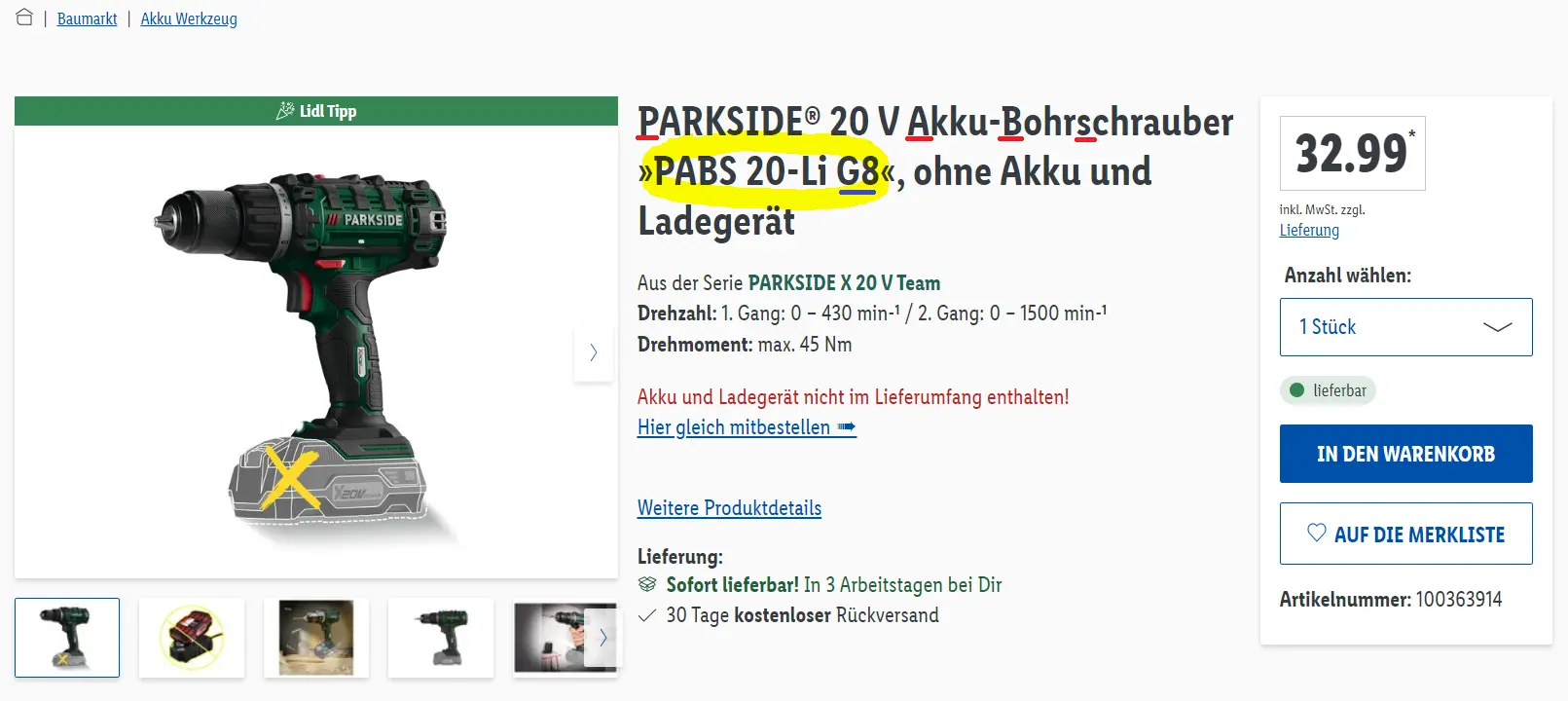 Novější generace na německém Lidlu - zde je patrné, jak produktový kód odpovídá německému názvu. Zdroj: Lidl.de