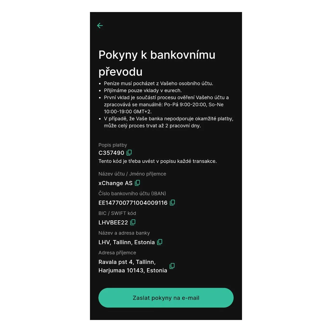 Držte se pokynů pro vklad na Change Invest Držte se pokynů pro vklad na Change Invest