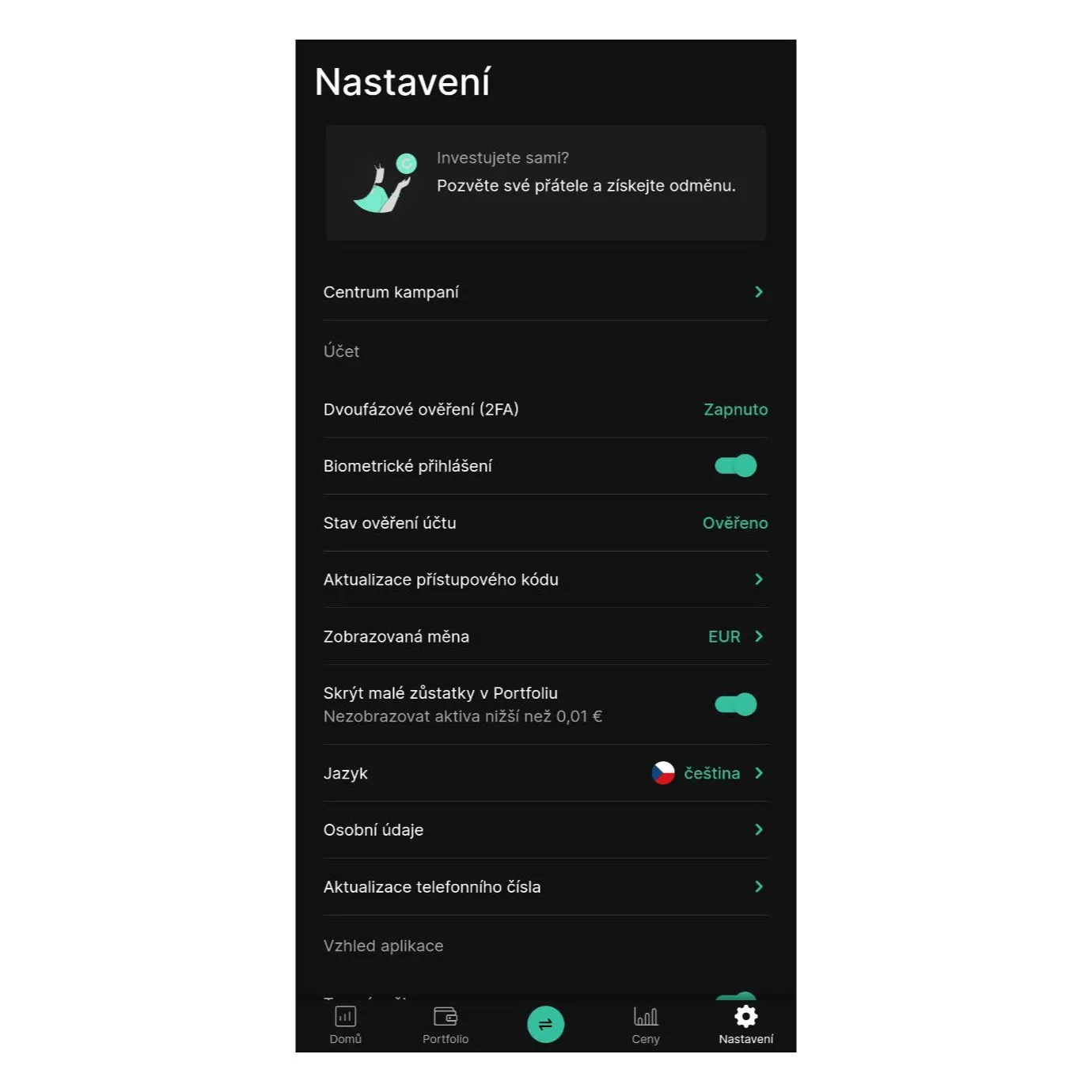 Přehledné menu u Change Invest Přehledné menu u Change Invest