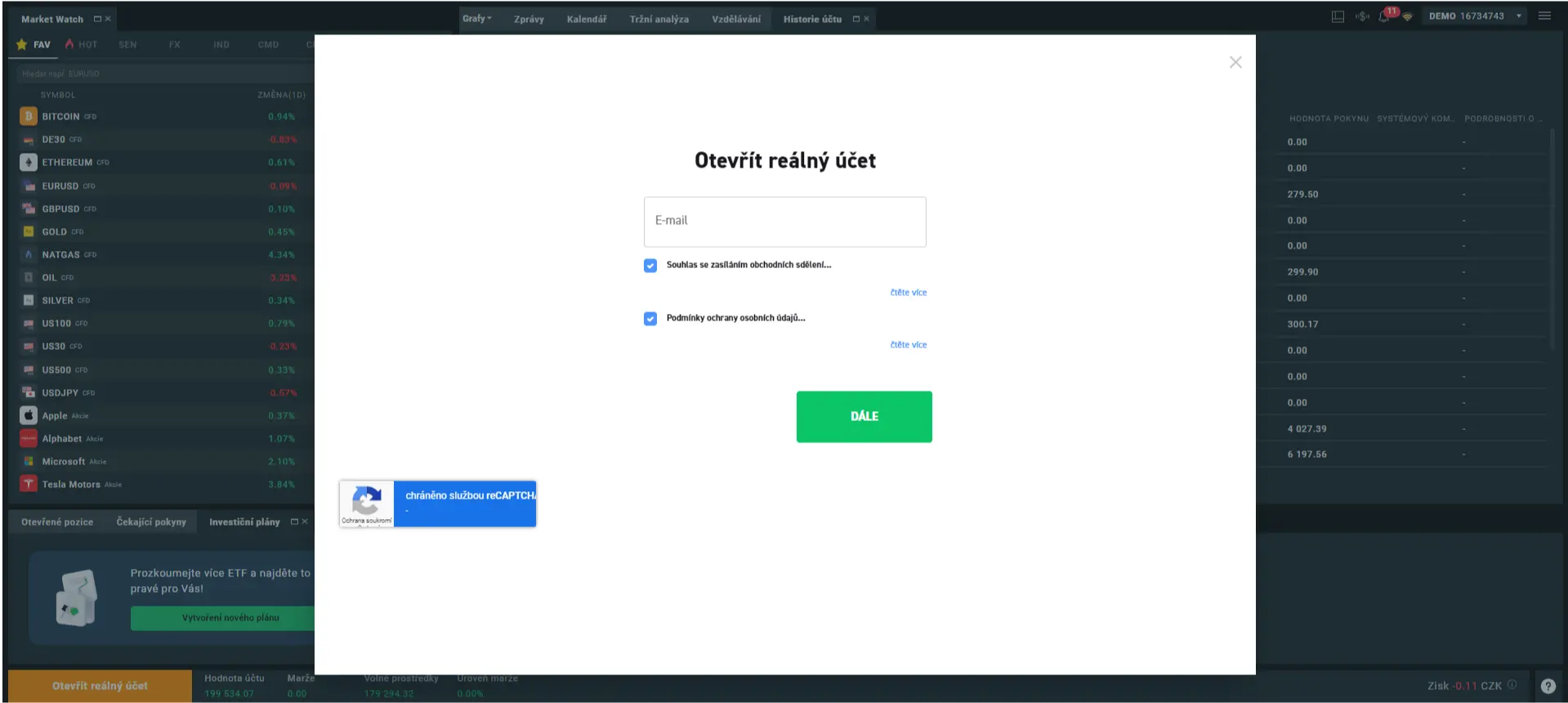 V demo účtu klikněte na oranžové tlačítko “Otevřít reálný účet”