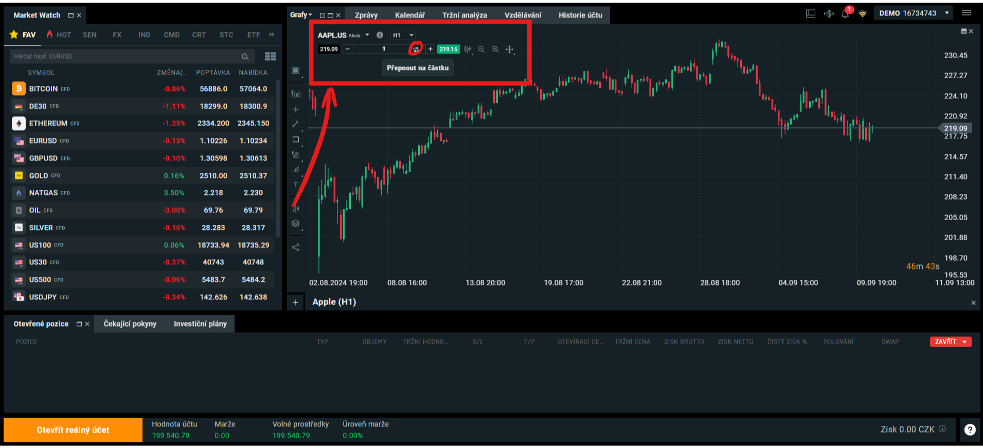 Přepněte hodnotu na částku