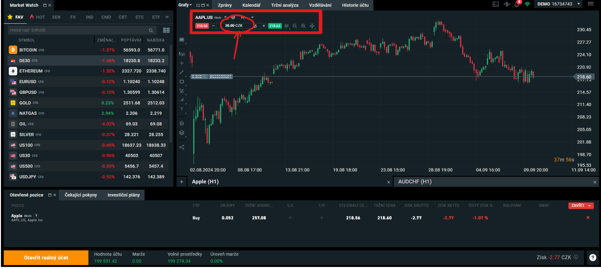 Otevřete graf akcie a zadejte částku k prodeji