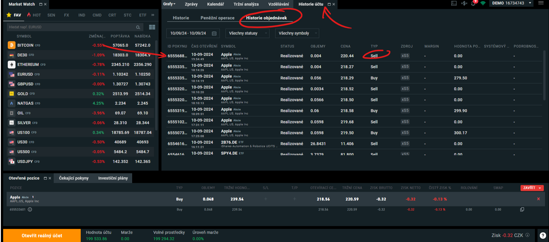 Prodej a ostatní pohyby na účtu najdete v historii