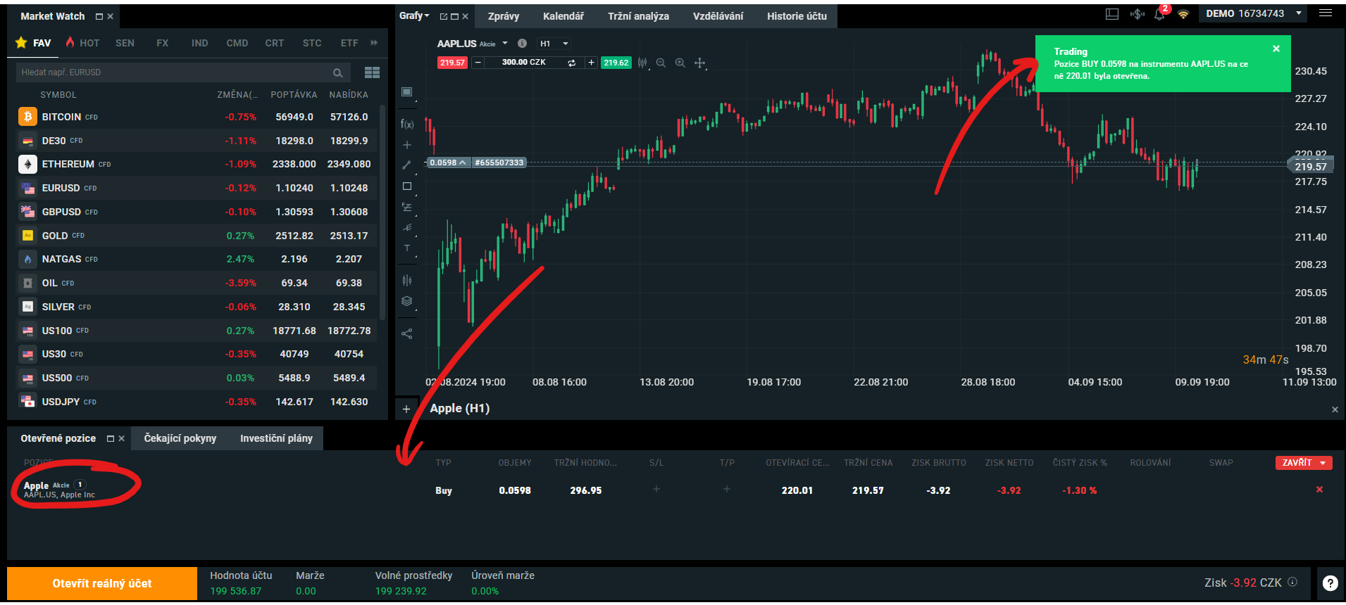 Vyskočí vám potvrzení a akcie se připíše k otevřeným pozicím